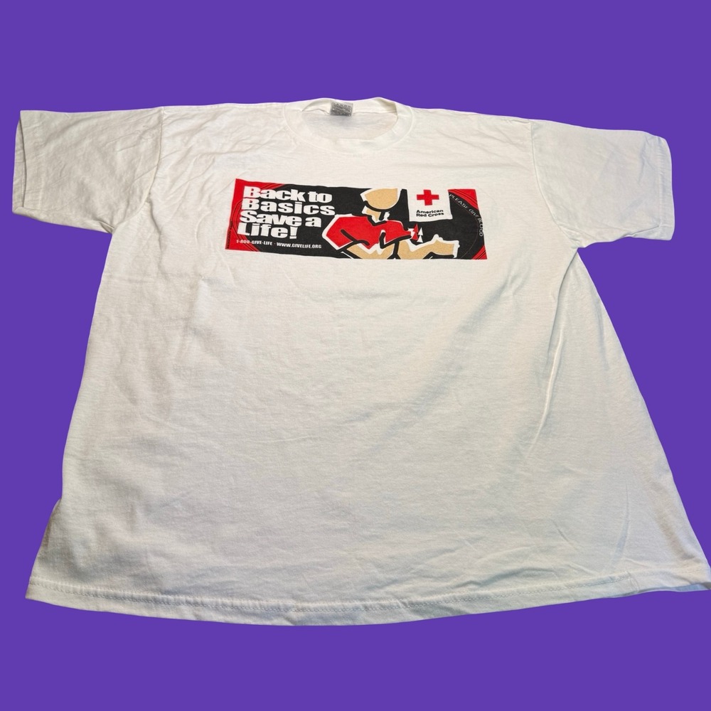 American Red Cross T Shirt XL Back To Basics Save A Life CPR First Aid White Vtg